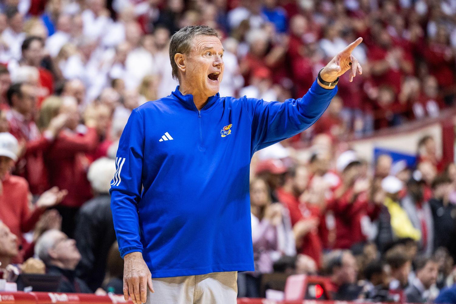 Dec 16, 2023; Bloomington, Indiana, USA; Kansas Jayhawks head coach Bill Self in in the second half against the Indiana Hoosiers at Simon Skjodt Assembly Hall. Mandatory Credit: Trevor Ruszkowski-USA TODAY Sports  